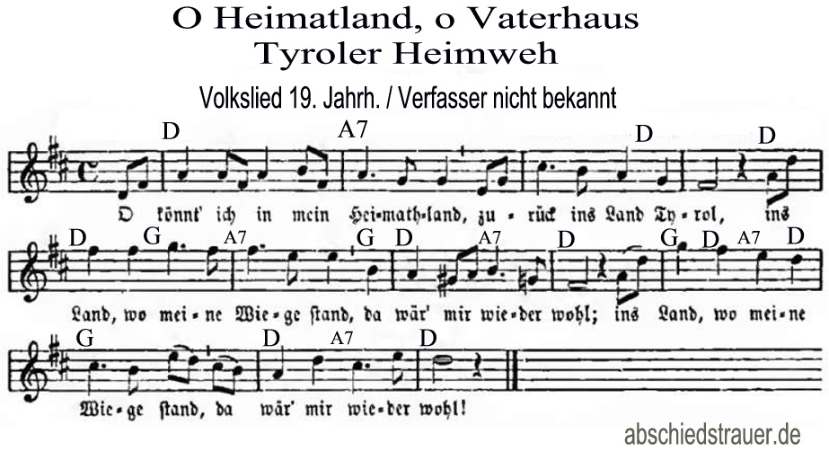 Notenblatt tyroler Volkslied: O Heimatland, o Vaterhaus