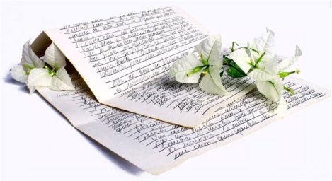 Papierblätter mit handgeschriebenem Text und darauf Lilienblüten