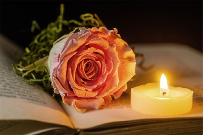 Eine Rose und ein Teelicht auf einem aufgeschlagenen Buch
