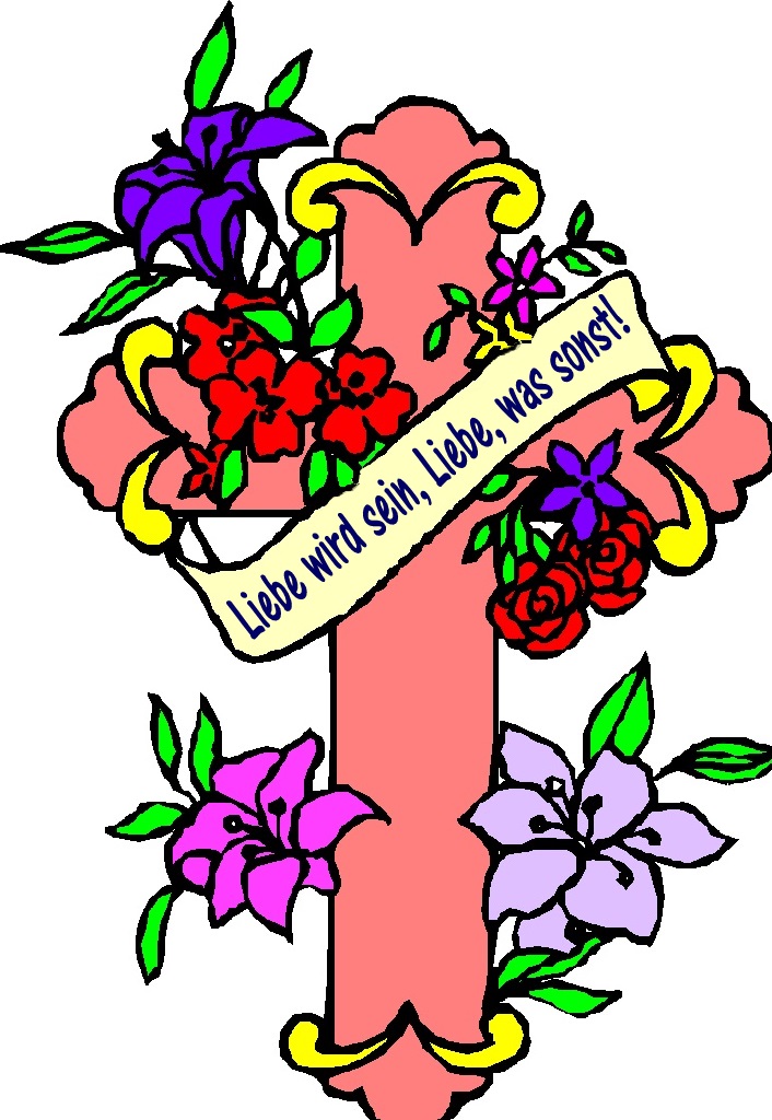 Farbiges Blumenkreuz mit Inschrift: Liebe wird sein